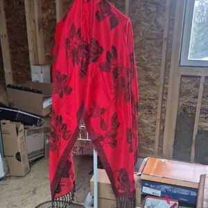 Red Floral Shawl with Fringe